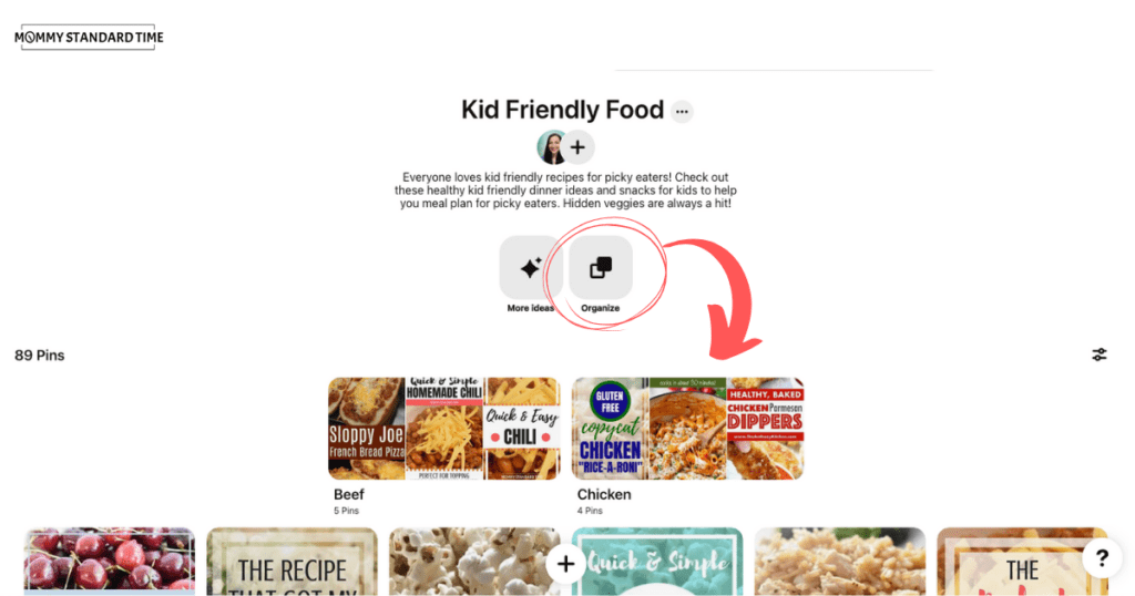 A Pinterest board with recipe pins has been organized with sections at the top for Beef and Chicken