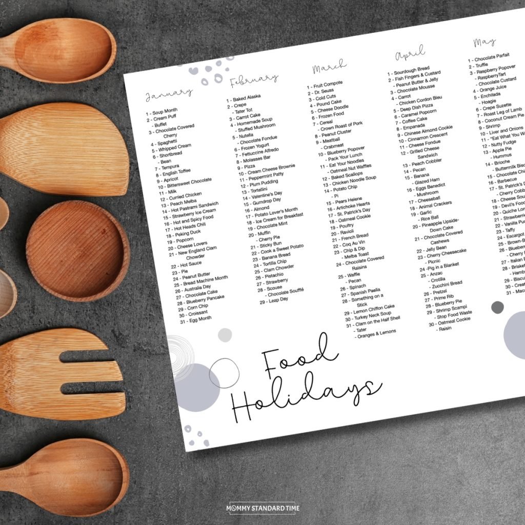A variety of wooden spoons with a page of food holidays