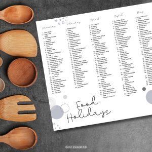 A variety of wooden spoons with a page of food holidays