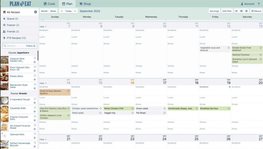 A view of the meal planning calendar in Plan to Eat