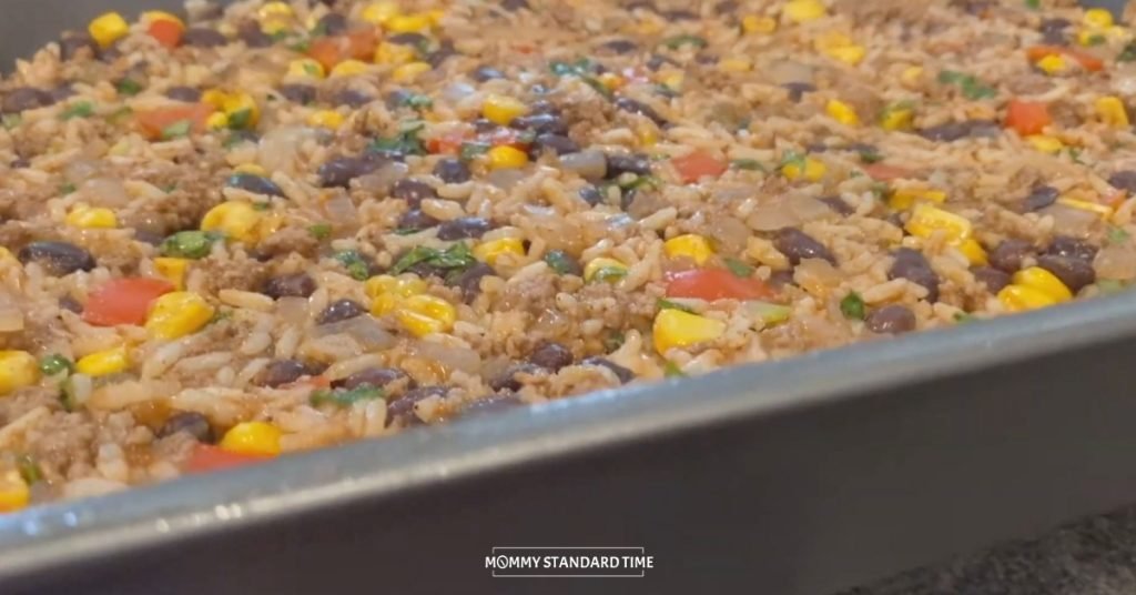 Cooked taco casserole in a pan